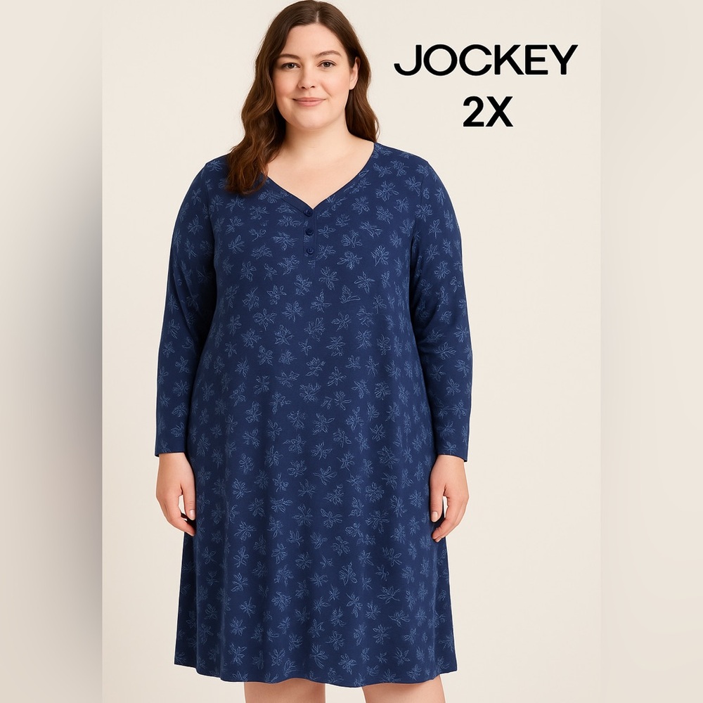 Jockey Floral Knit Nightgown 2X Navy Blue Henley Stretch